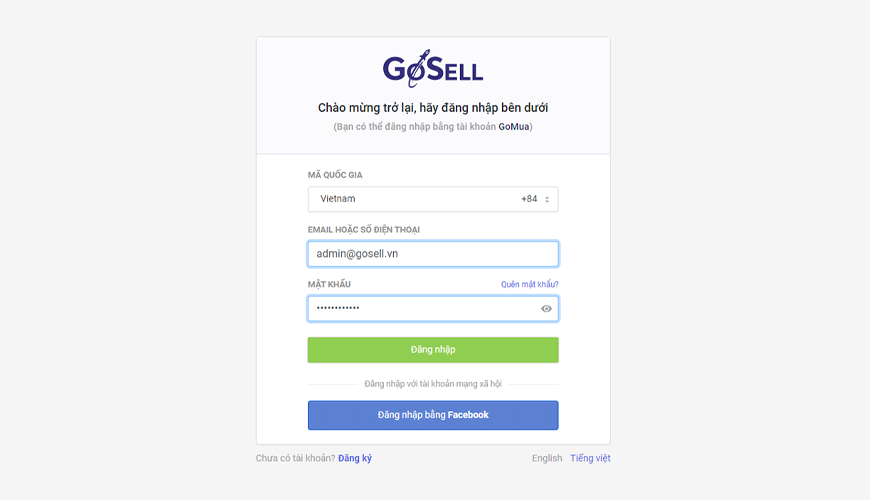 đăng nhập trang quản trị GoSELL