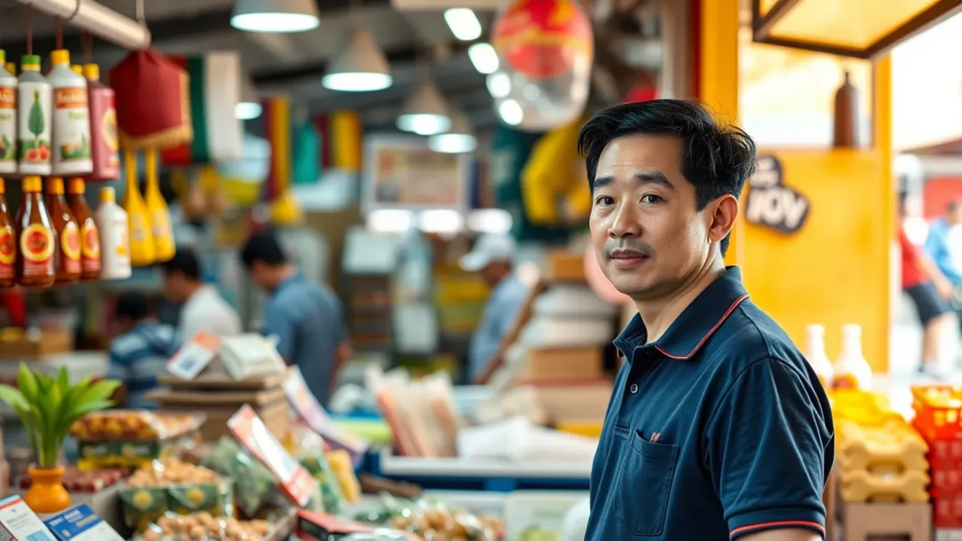 chủ shop đang sắp xếp hàng hoá tại kiot chợ truyền thống