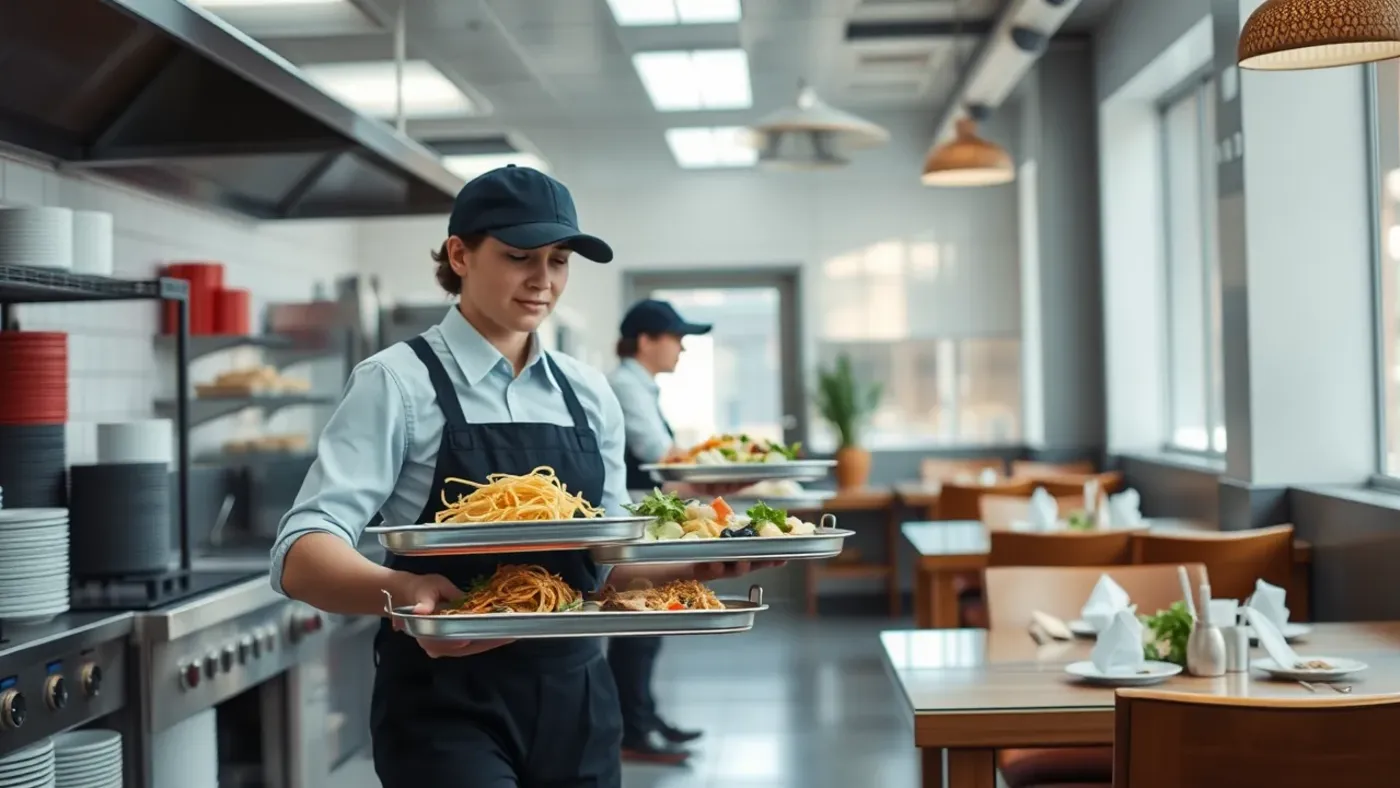 Nhân viên tiếp thực đang bưng bê khay thức ăn từ bếp ra sảnh nhà hàng